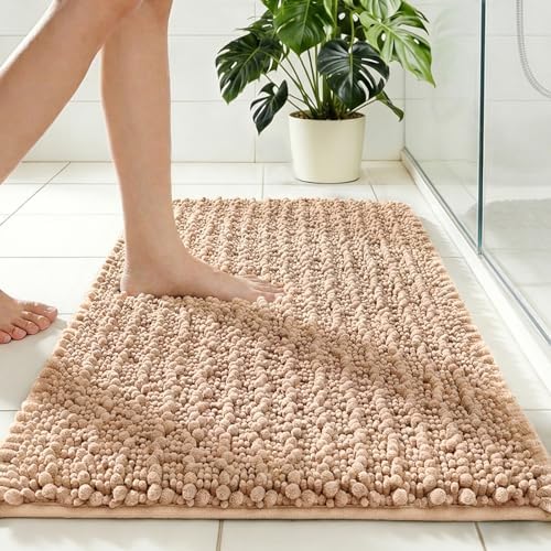 Disolla Beige Bath Mat 24x36 Inch - Luxury Chenille Bathroom Rug, Extra Soft Shaggy Plush Absorbent Mat, Non-Slip Washable Rug for Bathtub, Shower and Bedside