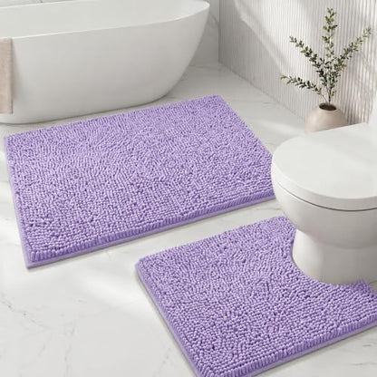 Bathroom Rugs Sets 2 Piece,Super Absorbent Soft,Thick,Machine Washable Chenille Bath Mat,Non Slip Toilet Floor Rug,Bath Mats for Bathroom,20x32 Plus 20x20 U Shape,Lavender Purple