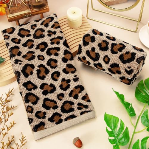 Whaline 2 Pcs Leopard Print Hand Towels Jacquard Cotton Bathroom Towel Brown Safari Animal Decorative Absorbent Bath Towel for Kitchen Dish Drying Cleaning Cooking, 13.8 x 29.5 Inch