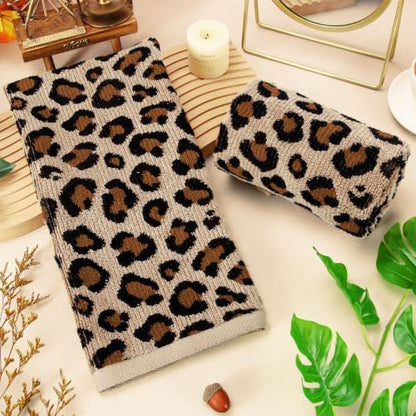 Whaline 2 Pcs Leopard Print Hand Towels Jacquard Cotton Bathroom Towel Brown Safari Animal Decorative Absorbent Bath Towel for Kitchen Dish Drying Cleaning Cooking, 13.8 x 29.5 Inch