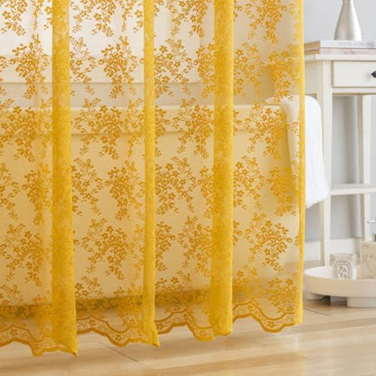 TUDECO Lace Mustard Yellow Shower Curtain with Valance, 72x72 Inch, 1 Panel
