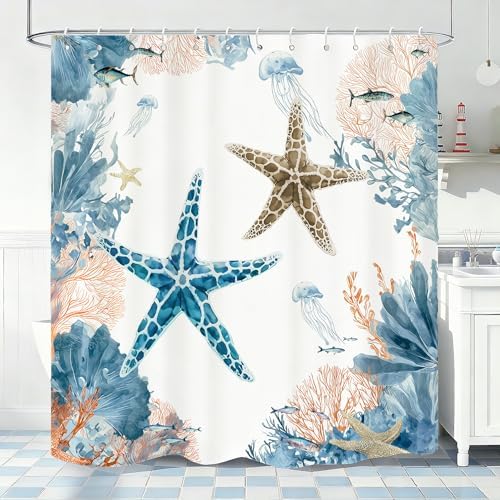 Orange Beach Shower Curtain for Bathroom, Ocean Coastal Theme, 72x72 In