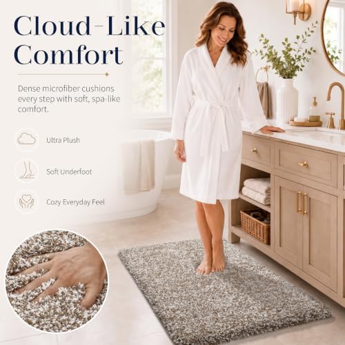 Yimobra Luxury Bathroom Rugs, Fluffy Bath Mats, Non Slip, Water Absorbent Microfiber, Machine Washable, Plush Runner Shower Rugs, Thick Matts for Bathroom Floor&Tub, 47" X 24", Light Brown and White