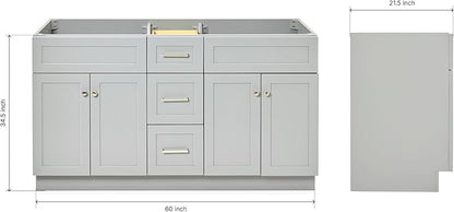 ARIEL Hamlet 60-inch Bathroom Vanity Base Cabinet,Solid Wood, 4 Soft Closing Doors, 3 Dovetail Drawers, Brushed Nickel, Grey