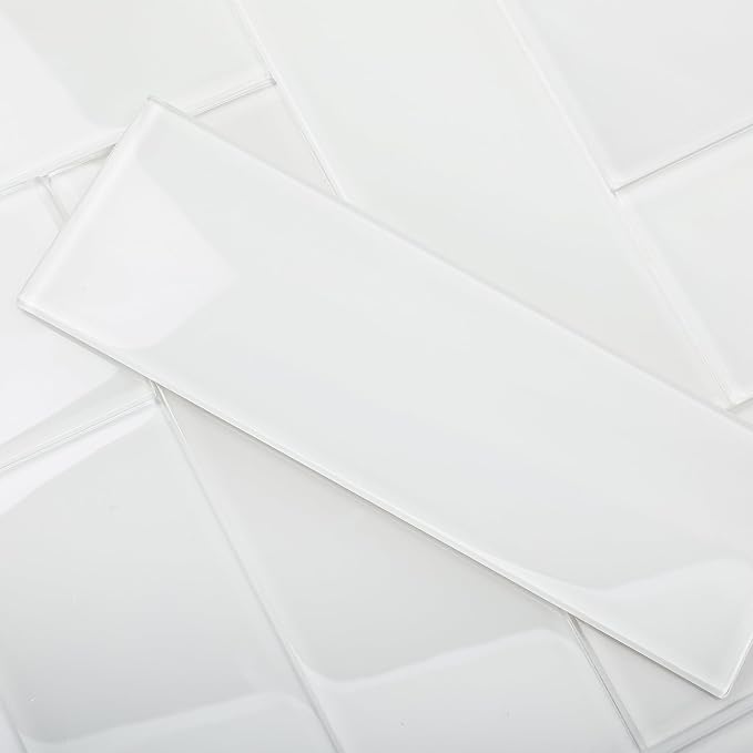 Glass Subway Tile, 4x12 Inch Glass Tile for Kitchen Backsplash Bathroom Shower Wall White (12 Pcs, 4 sq.ft)
