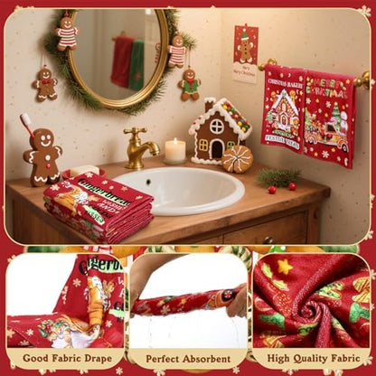 FuWeave 8 Pcs Christmas Shower Curtain Set Xmas Santa Bathroom Decoration Christmas Tree Hand Towels Snowman Toilet Lid Cover Bathroom Rugs Xmas Shower Curtain with Hooks(Gingerbread Man)