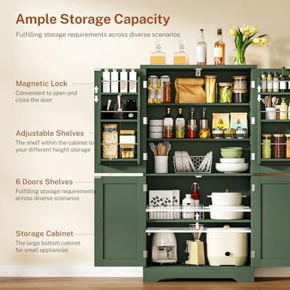 Pantry Cabinet with 4 Doors, Kitchen Storage Cabinet with Door Shelves,