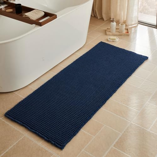 Triohero Waffle Runner Rug Bathroom, Long Boho Bath Mat, 24x60 Navy Blue