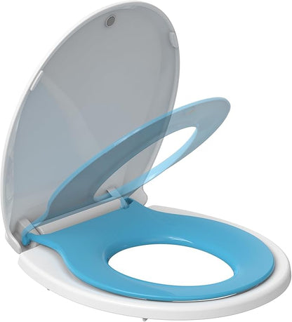 19" Elongated Potty Training Toilet Seat, Built-In Soft Quiet-Close Lid with Magnetic Blue Kids Seat and Non-Slip Design, Easy to Install and Clean
