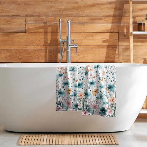 Teal Green Yellow Floral Hand Towels 14x28 Inch 2Pcs Watercolor Nature Flowers Absorbent Soft Fingertip Tea Towel Dish Washcloth for Sports Gym Yoga Kitchen Bathroom Home Decor