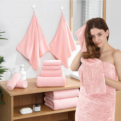 Ycosy 18 Piece Bath Towels Set,100% Microfiber Family Bathroom Towel with Hanging Loops-6 Bath Towels,6 Hand Towels,6 Washcloths,Quick Dry Highly Absorbent Shower Towel for Bathroom,Hotel,Spa-Pink