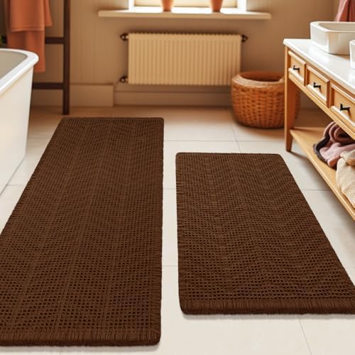 Waffle Bath Mat Set 2 Piece, Boho Woven Modern Bath Rug Absorbent Non Slip, Ultra Soft Bathroom Mats, Machine Washable Knit Bath Rugs with Herringbones for Bathroom, Bedroom, Kitchen, Shower, Brown