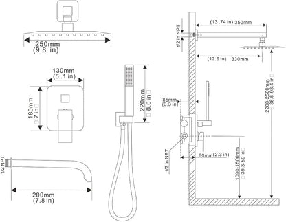 Brushed Nickel Shower System with Tub Spout Wall Mounted Tub Shower Faucet Set for Bathroom with High Pressure 10" Rain Shower head and Handheld Shower Head Kit