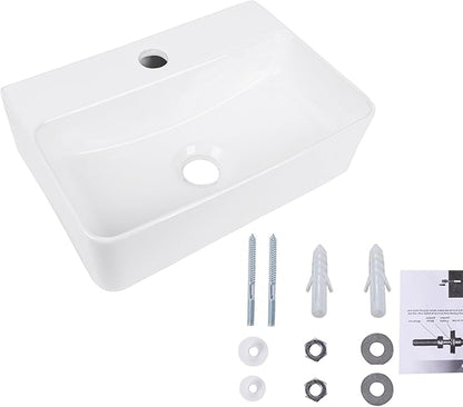 Wall Hung Bathroom Vessel Sink, QISHKA 14.5" X 10" Rectangular Floating Ceramic Wash Hand Basin White Wall Mount Vanity Sink for Small Bathroom and Small Cloakroom