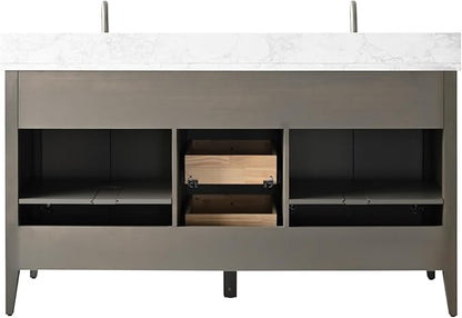 HOMEBEYOND 60" Bathroom Vanity with Double Sink, Solid Wood Bathroom Vanity Free-Standing Cabinet, Ceramic Top & Soft Closing Door, Golden Brushed Handware, Driftwood Gray