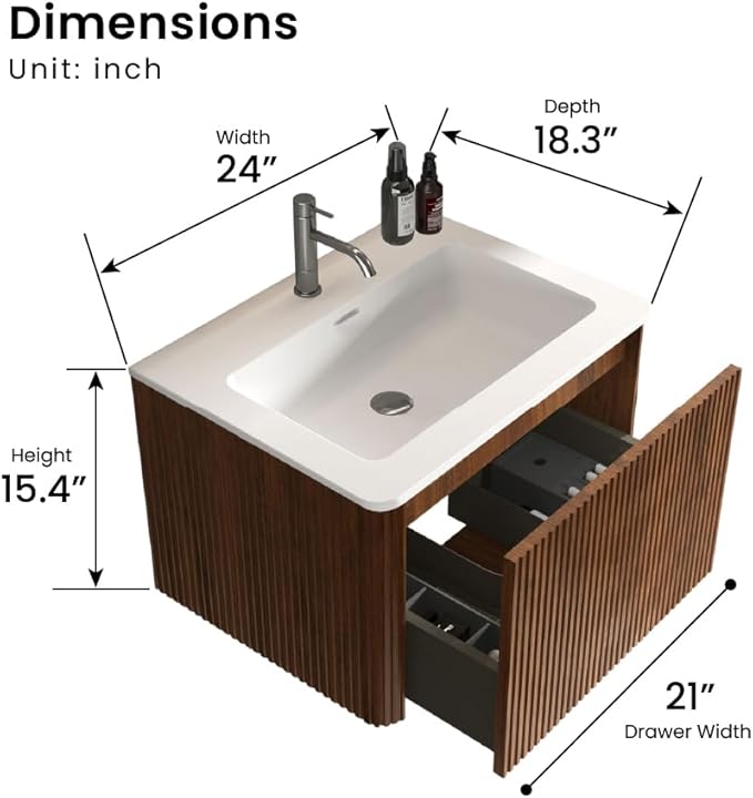 24 Inch Bathroom Vanity with Sink, Modern Floating Vanity with Push Open Drawer, Large Storage for Small Space, Apartment, Hotel, Walnut, Fully Assembled - Camellia Collection
