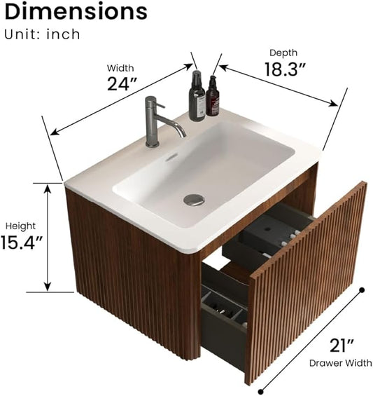 24 Inch Bathroom Vanity with Sink, Modern Floating Vanity with Push Open Drawer, Large Storage for Small Space, Apartment, Hotel, Walnut, Fully Assembled - Camellia Collection