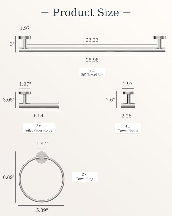 Brushed Nickel Bathroom Hardware Set 10 Pieces Stainless Steel | Evolvegoods Bathroom Hardware Set, Includes 26 inch Towel Bar, 4 Towel Hook, 2 Towel Ring Toilet Paper Holder