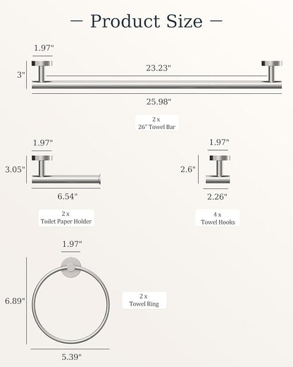 Brushed Nickel Bathroom Hardware Set 10 Pieces Stainless Steel | Evolvegoods Bathroom Hardware Set, Includes 26 inch Towel Bar, 4 Towel Hook, 2 Towel Ring Toilet Paper Holder