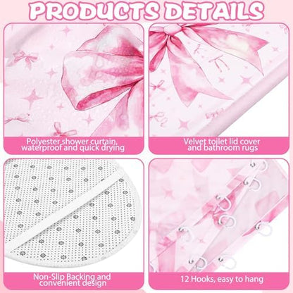 FuWeave 8 Pcs Pink Bow Shower Curtain Sets for Bathroom Decor Cute Coquette Bathroom Accessories Bow Knot Aesthetic Girly Shower Curtain Sets with Towels Carpet Bath Mat Toilet Rugs and 12 Hooks