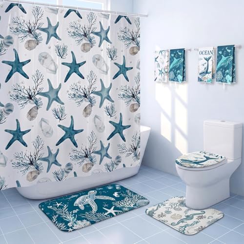 Honoson 8 Pcs Coastal Beach Ocean Theme Bathroom Shower Curtain Set