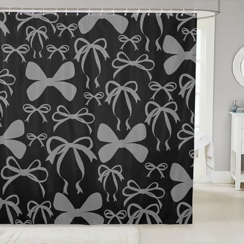 jejeloiu Cute Bowknot Shower Curtain for Bathroom Decor 72"x78" Black Gray Girls Bow Bath Curtain Kawaii Bathroom Accessories Waterproof Polyester Fabric for Stalls Bathtubs Princess Decor