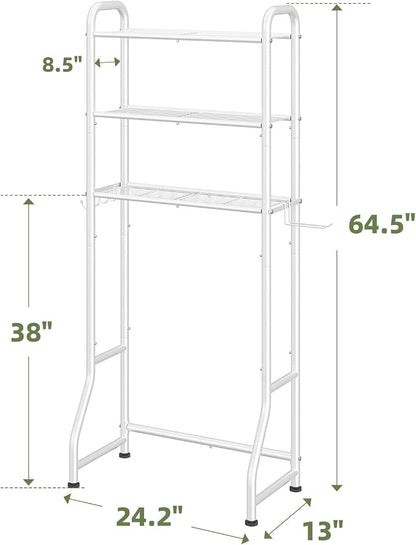 Simple Trending Over The Toilet Storage Rack, Metal 3 Tier Bathroom Organizer Shelf with Paper Holder and 3 Hooks, Freestanding Shelf Space Saver Above Toilet, White