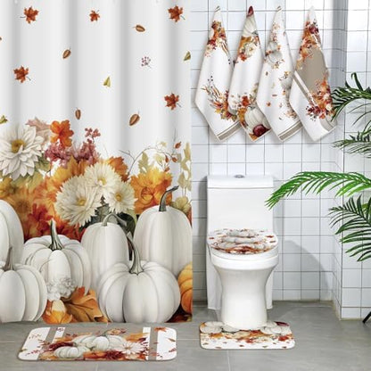 Honoson 8 Pcs Fall Bathroom Shower Curtain Set with Rugs and Towls