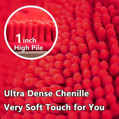 BOANKODU Bathroom Rugs Chenille 3-Piece Extra Soft and Absorbent Shag Bathroom Rugs, Machine Wash Mat, Strong PVC Non-Slip Underside, Plush Carpet Mats (Red)