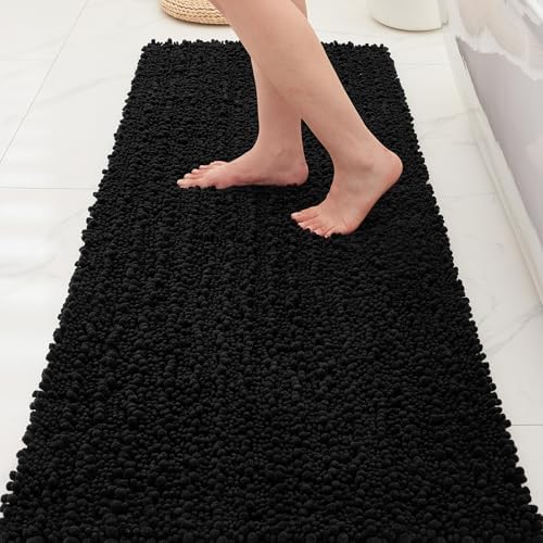 Bathroom Rugs Non Slip Washable 70x24, Extra Thick Soft Chenille Absorbent Bath Mat, High Density Barrier Non Slip Backing, Quick Dry Plush Shaggy Floor Carpet for Tub&Shower, Black