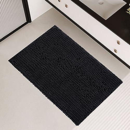 FRESHMINT Bath Mat 32’x20’, High Pile Chenille, Soft Absorbent Microfiber Rug, Non-Slip Black