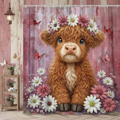 Cute Cow Shower Curtain, Farmhouse Rustic Pink Floral Daisy Highland Cow Shower Curtains for Bathroom, Calf Country Farm Animal Garden Plant Fabric Bathroom Decor with Hooks, 60x72 inch