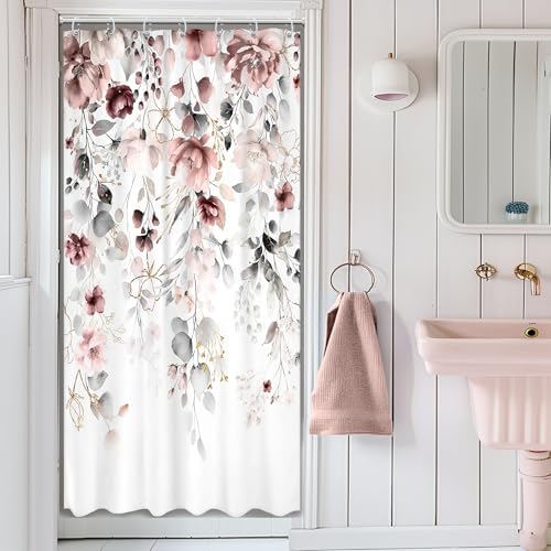 Small Stall Floral RV Narrow Grey Bathroom Shower Curtain Set