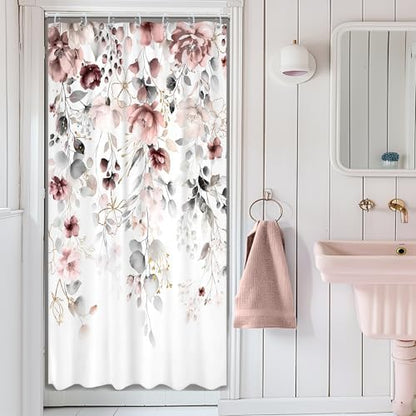 Small Stall Floral RV Narrow Grey Bathroom Shower Curtain Set