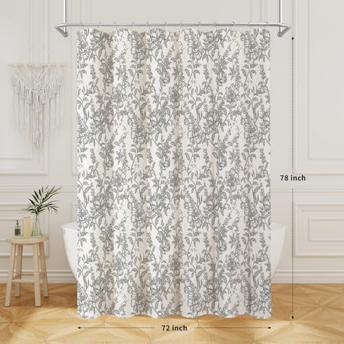 Black Boho Linen Fabric Shower Curtain , Farmhouse Floral For Bathroom