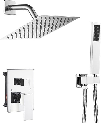 Chrome Shower System with High Pressure 8'' Rainfall Shower Head, Handheld Shower head, Bathroom Luxury Rain Mixer Shower Combo Set Wall Mounted Shower Faucet Rough-in Valve and Trim Kit