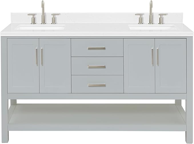 ARIEL Magnolia 60-inch Bathroom Vanity with Sink,Solid Wood, 1.5-inch Carrara White Quartz Countertop & Backsplash, Double Rectangular Porcelain Sink, 4 Soft Closing Doors, 3 Dovetail Drawers, Grey