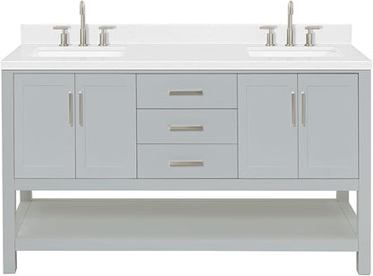 ARIEL Magnolia 60-inch Bathroom Vanity with Sink,Solid Wood, 1.5-inch Carrara White Quartz Countertop & Backsplash, Double Rectangular Porcelain Sink, 4 Soft Closing Doors, 3 Dovetail Drawers, Grey