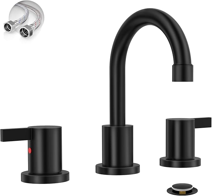Phiestina Matte Black 8 Inch Widespread Bathroom Faucet 2 Handle 3 Hole Bathroom Vanity Faucet with Metal Pop Up Drain & Water Supply line,BF03042-K01-MB