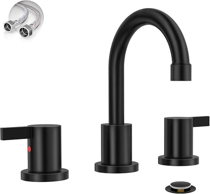 Phiestina Matte Black 8 Inch Widespread Bathroom Faucet 2 Handle 3 Hole Bathroom Vanity Faucet with Metal Pop Up Drain & Water Supply line,BF03042-K01-MB