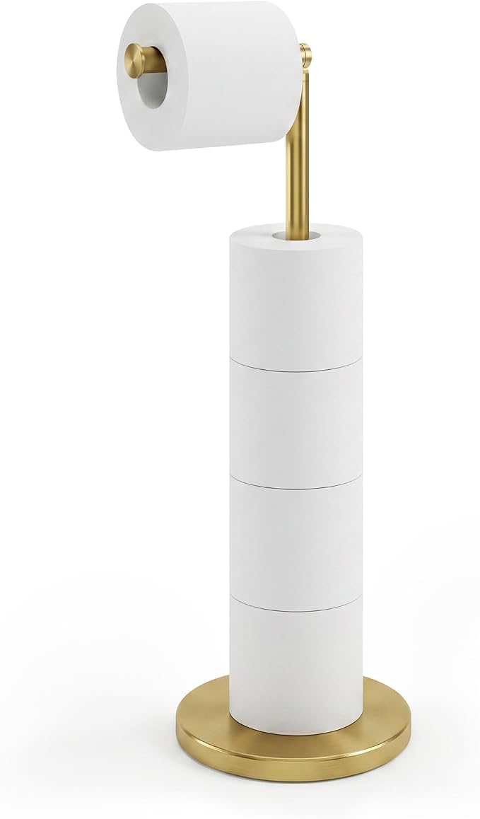 Cesun Free Standing Toilet Paper Holder Stand with Weighted Base, Gold | SUS304 Rustproof Steel | Thick Non-Slip Base | Swivel Pivot Design | Slim Footprint | Holds 5 Rolls