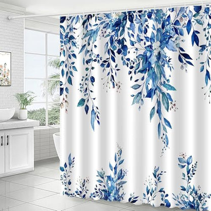 Eucalyptus Shower Curtain, Abstract Aesthetic Art Watercolor Plant Leaves with Floral Bathroom Decor, Waterproof Fabric Cloth Bath Curtain Set with Hooks (Dark Blue, 72x72 Inches)