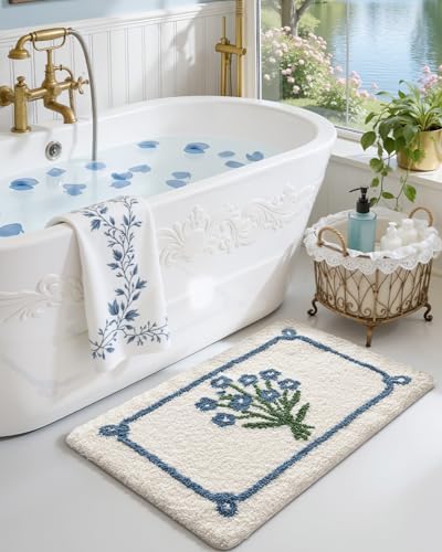 DEXI Floral Bathroom Rugs 36x24, Vintage Blue Bouquet Bath Mat Non Slip