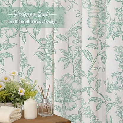 Teal Boho Linen Fabric Shower Curtain , Farmhouse Floral For Bathroom