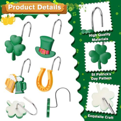 Thyle 12 Pcs St Patrick's Day Shower Curtain Hooks, Irish Ornament Rings with Shamrock Green Hat Horseshoe Beer Mug Curtain Hangers Irish Decorative for Home Holiday Bathroom Bedroom Accessories Decor