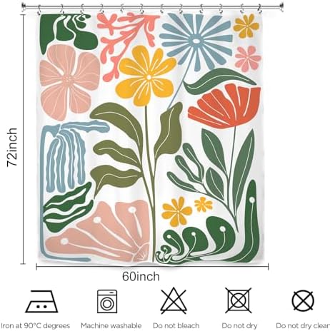 Colorful Abstract Flower Shower Curtain 60Wx72L Inch Minimalist Contemporary Matisse Funky Groovy Art Aesthetic Spring Bathroom Set Accessories Decor with 12 Pack Hooks