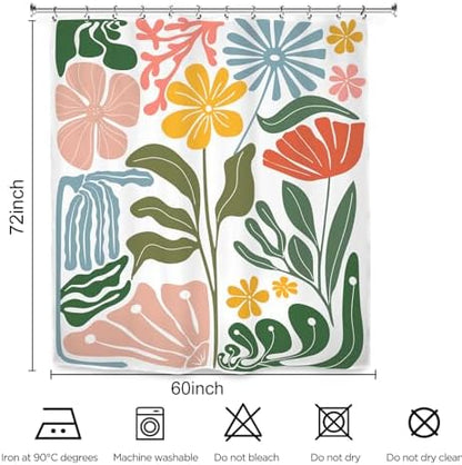 Colorful Abstract Flower Shower Curtain 60Wx72L Inch Minimalist Contemporary Matisse Funky Groovy Art Aesthetic Spring Bathroom Set Accessories Decor with 12 Pack Hooks