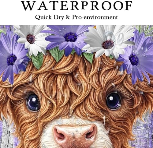 Cute Highland Cow Shower Curtain for Bathroom, Farmhouse Rustic Wooden Cattle Bathroom Decor Set, Funny Daisy Floral Flowers and Butterfly Waterproof Fabric Bath Curtains with 12 Hooks 36X72in