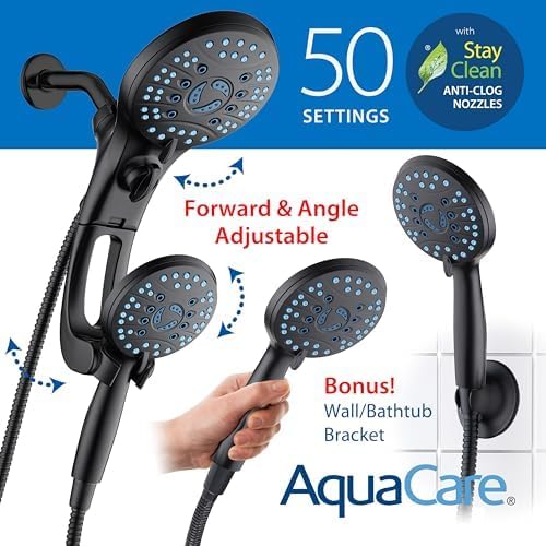 AquaCare 50-mode High Pressure Shower Head Combo with Arm & Dual Power Wash | Hygienic Jets, 2-mode Handheld Power Wash for Tub, Tile & Pets, Long 6 ft. Stainless Steel Hose, Extra Wall Bracket / Black