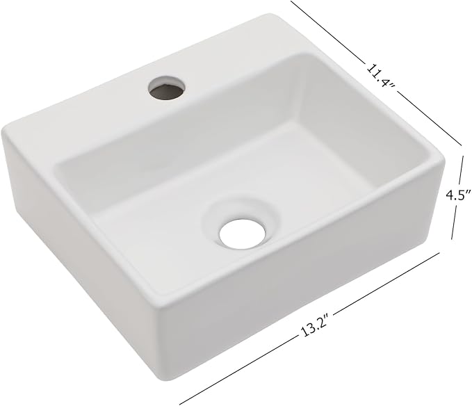 Wall Mount Hung Small Vessel Sink - Bathroom Corner Floating Sink Rectangle 13" x 11" Modern Bathroom White Porcelain Ceramic Vessel Vanity Sink with Faucet Hole